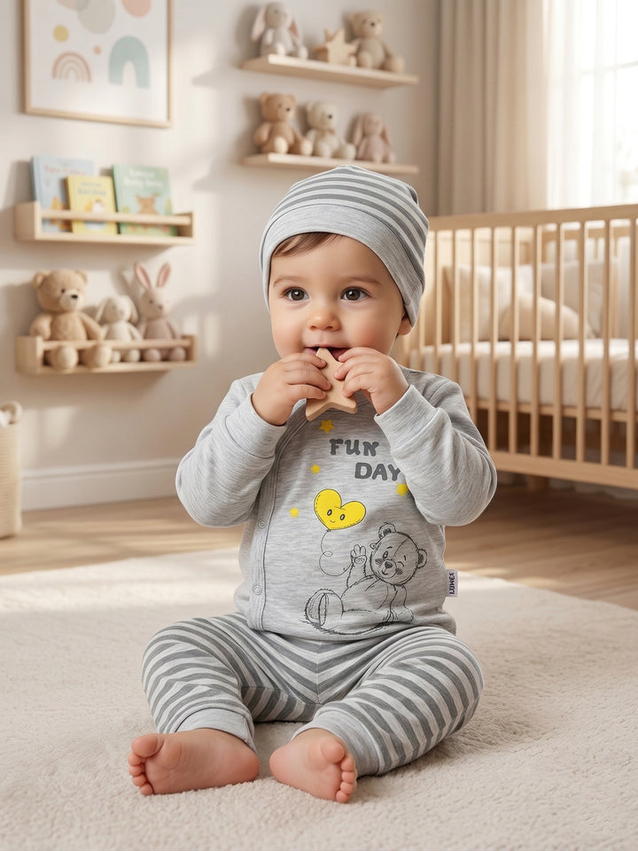 "Fun Day" Grey Bear Set & Striped Beanie