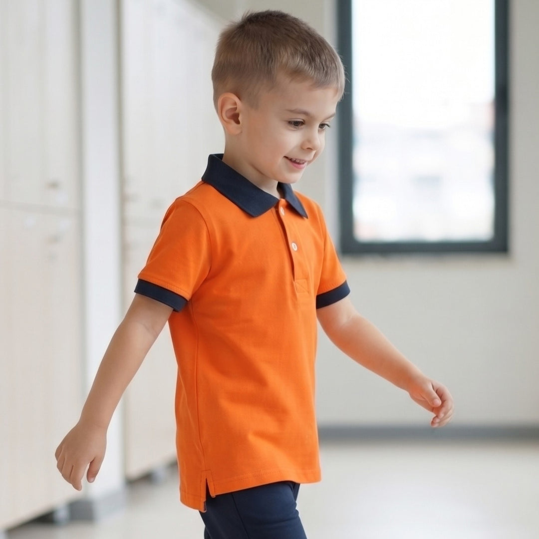 100% Cotton Orange Short-Sleeve Polo Shirt with Navy Blue Collar (