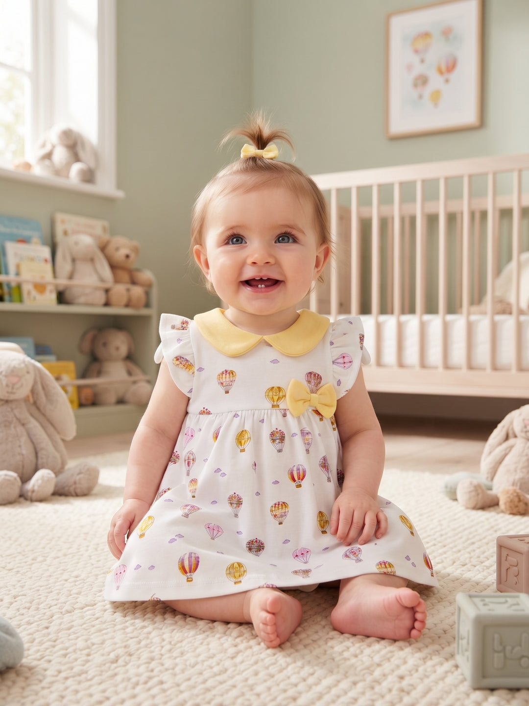 Flutter Sleeve Hot Air Balloon Print Baby A-Line Dress with Bow Accent