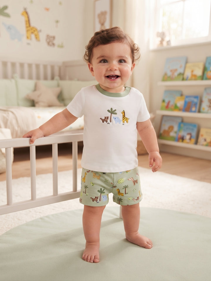 Baby Boy Safari Animals Embroidered T-Shirt & Shorts 2-Piece Set