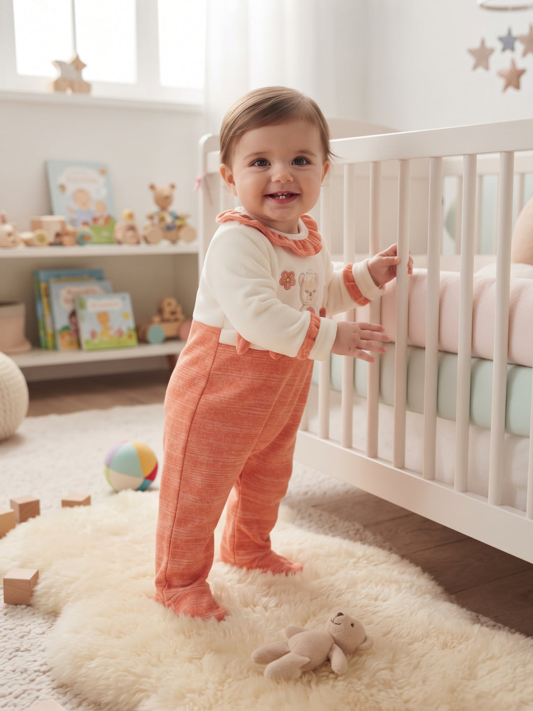 Cozy Ruffle Collar Bear Embroidered Baby Footed Sleepsuit