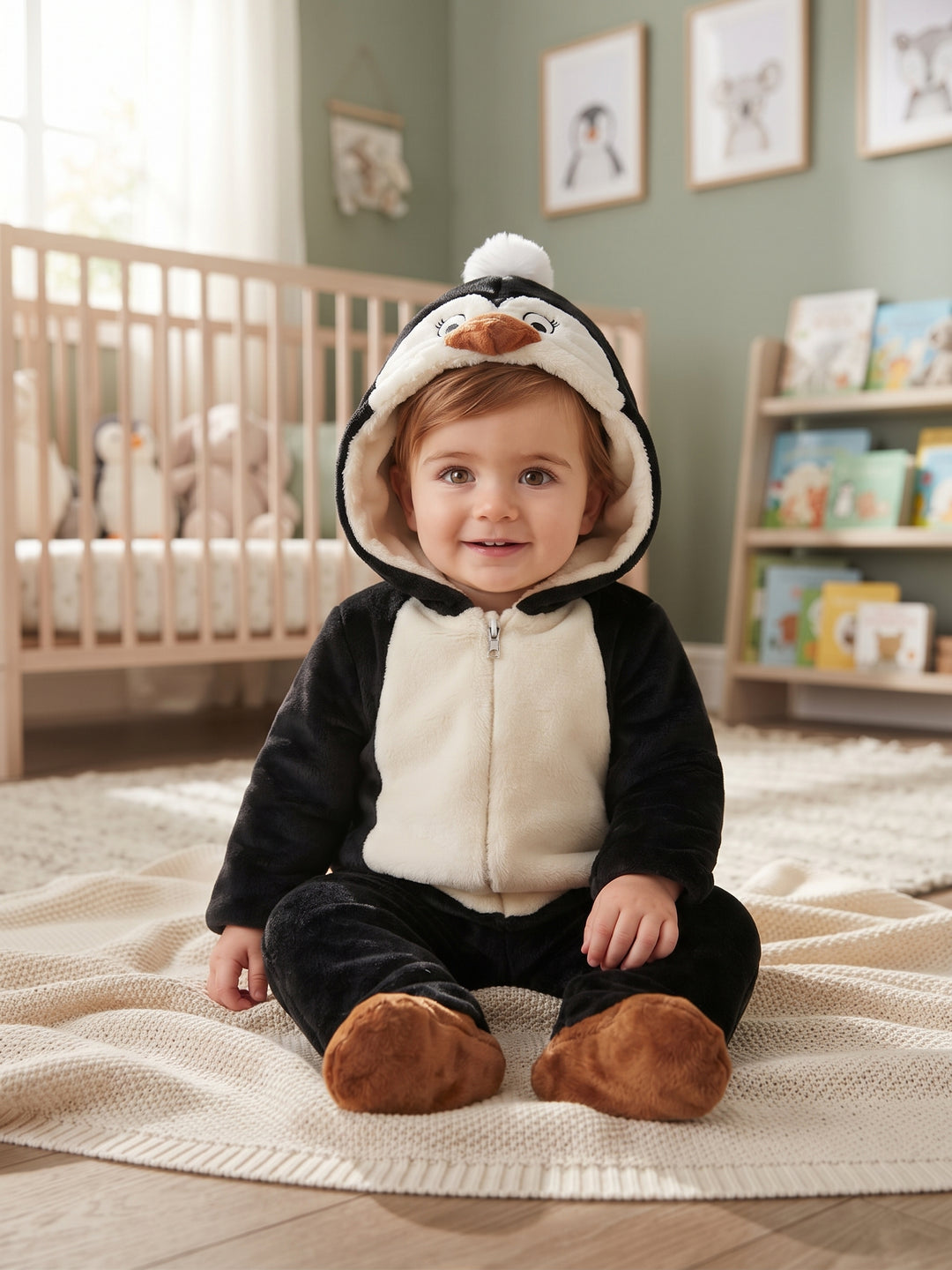 Plush Black Penguin Hooded Baby Onesie