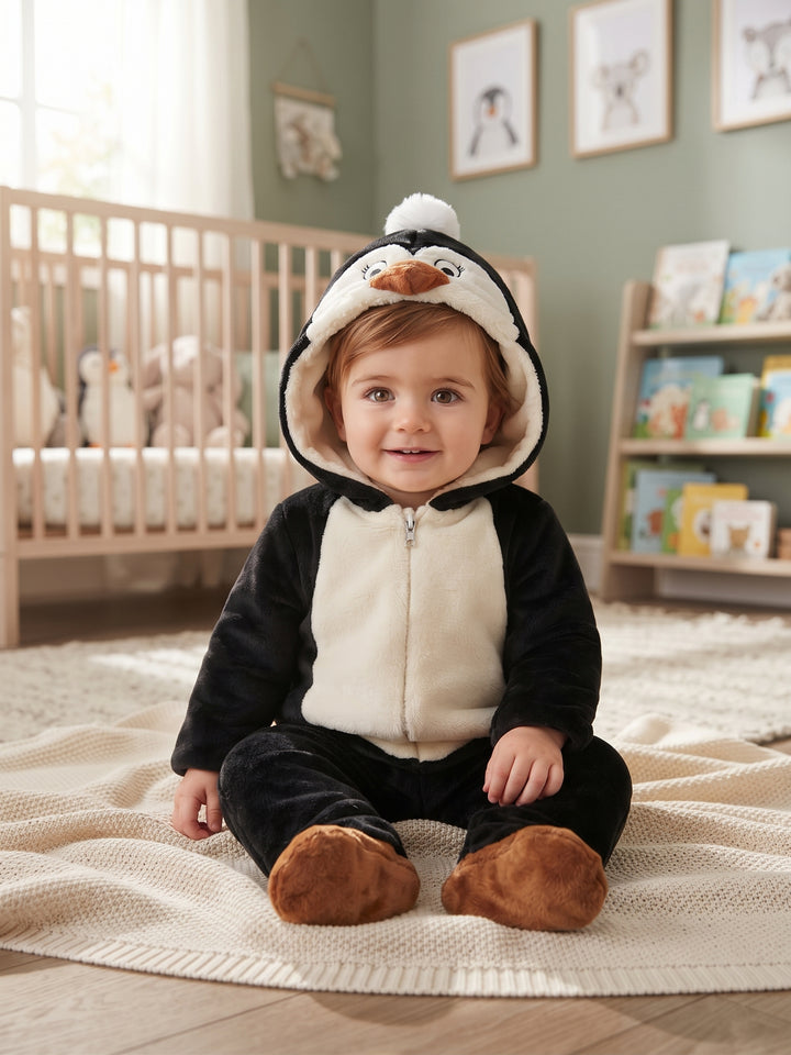 Plush Black Penguin Hooded Baby Onesie