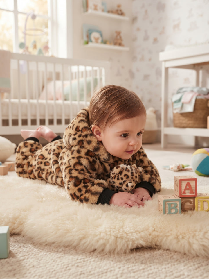 Leopard Plush Faux-Fur Baby Onesie