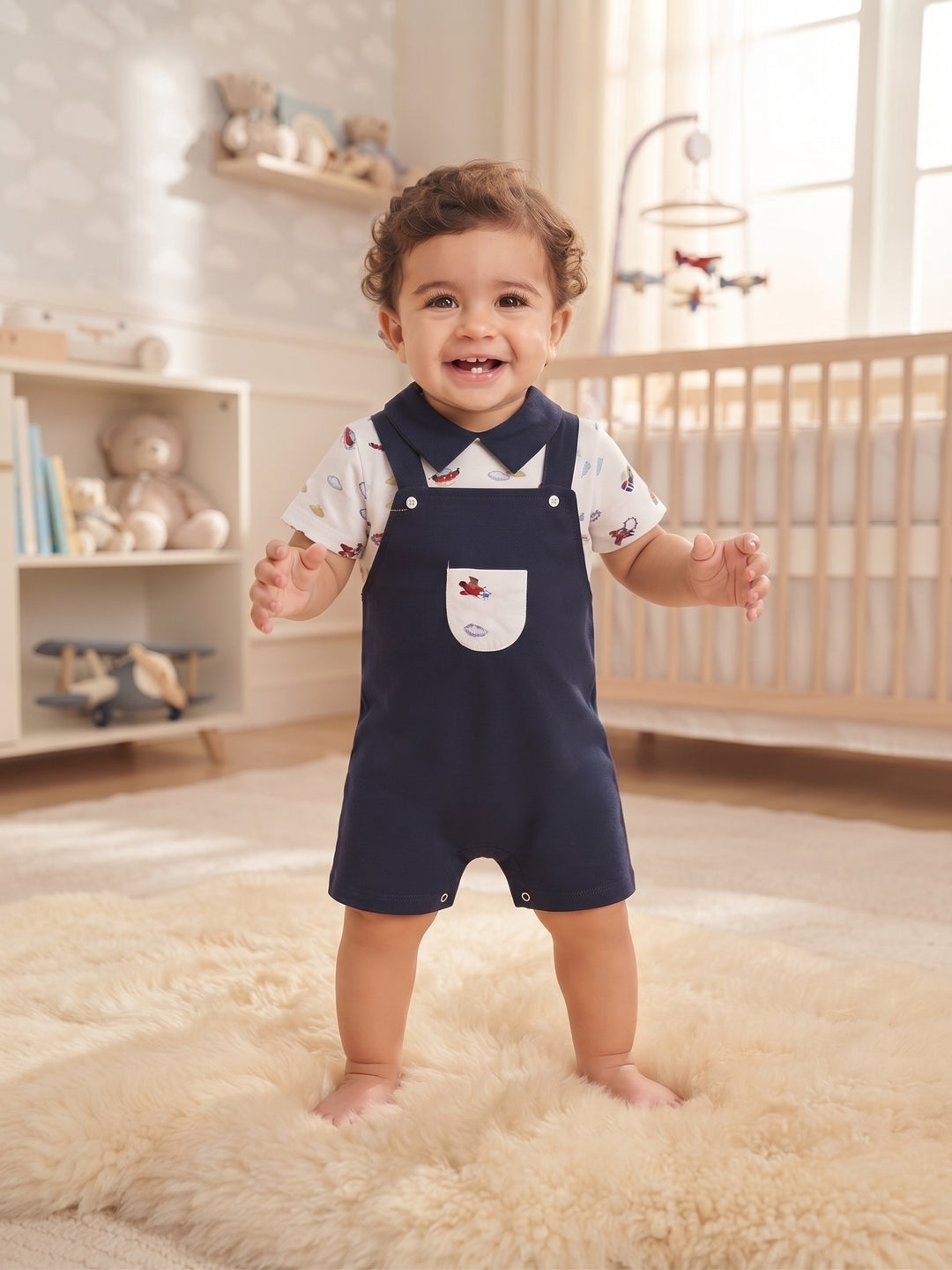 Baby Boy Airplane Collared Shirt & Overall Shorts 2-Piece Set