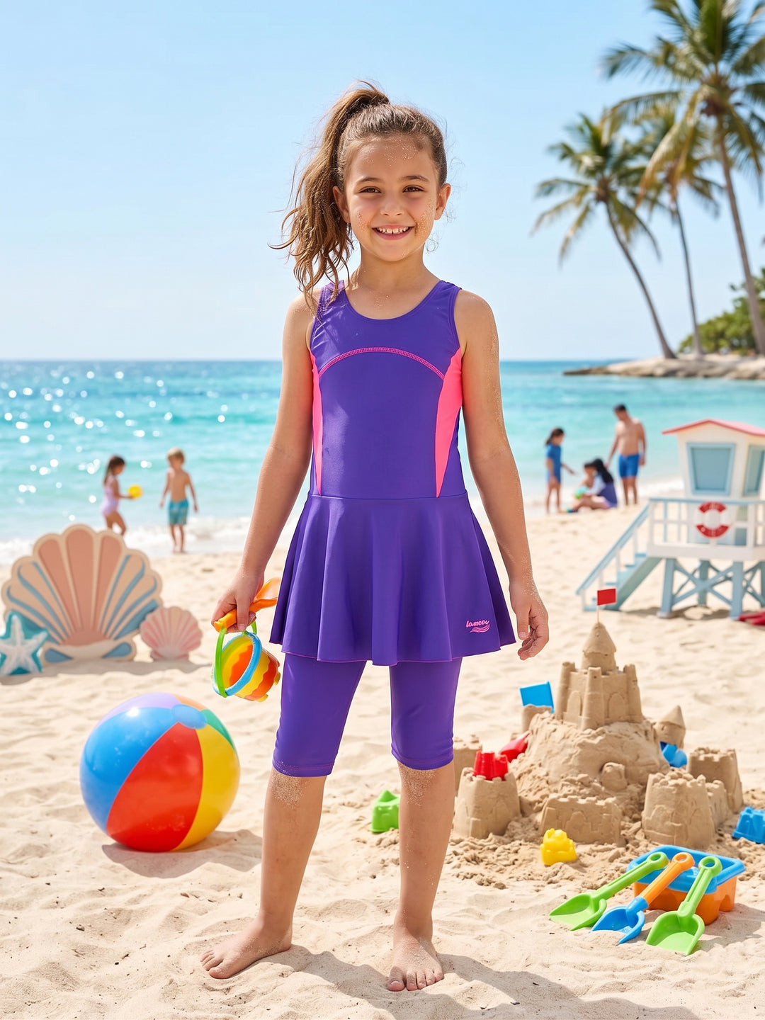 Girls' Skirted Knee-Length Swimsuit