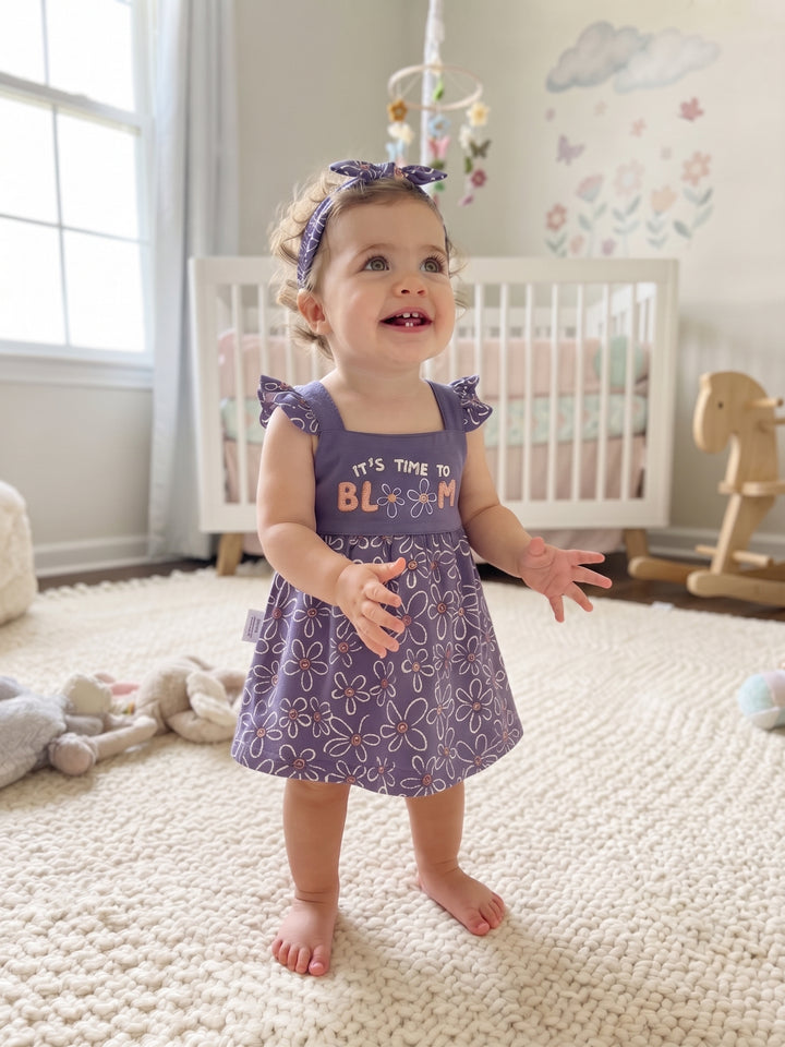 Dusty Purple Floral Embroidered Baby Pinafore Dress
