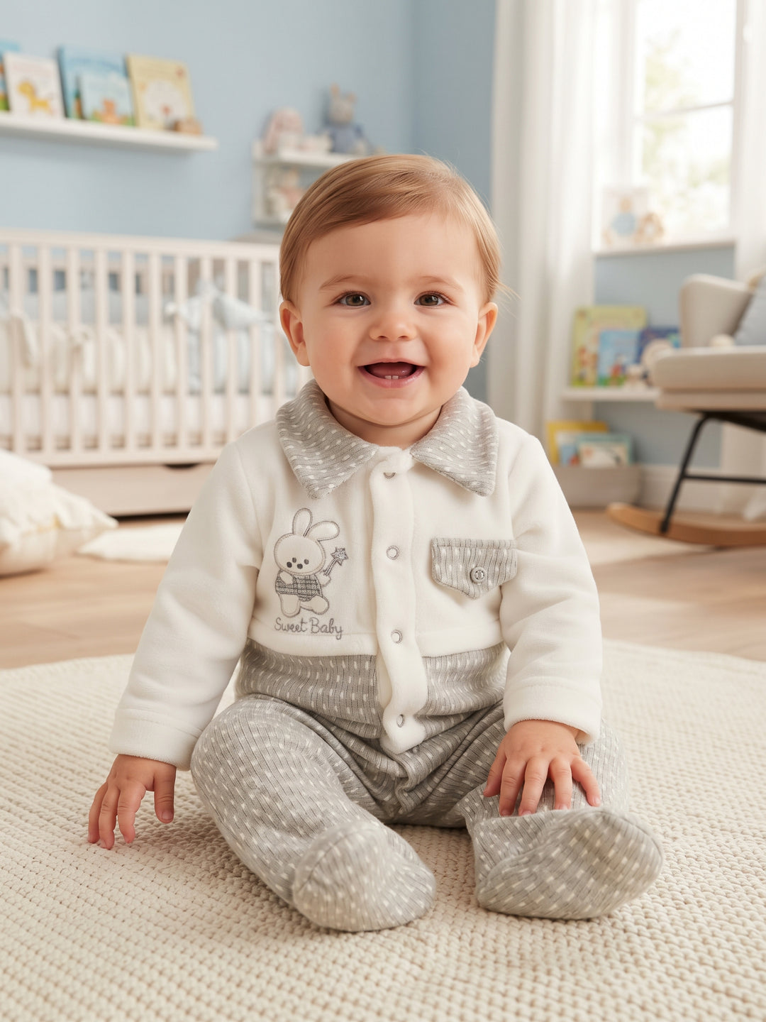 Cozy Bunny Embroidered Baby Footed Sleepsuit