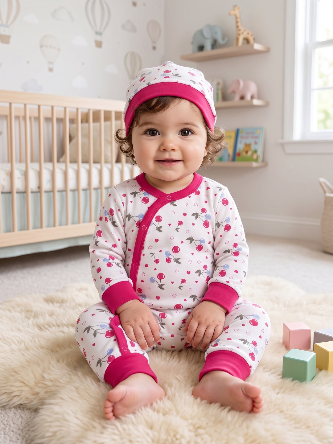 Sweet Cherry Print Baby Jumpsuit & Beanie Set