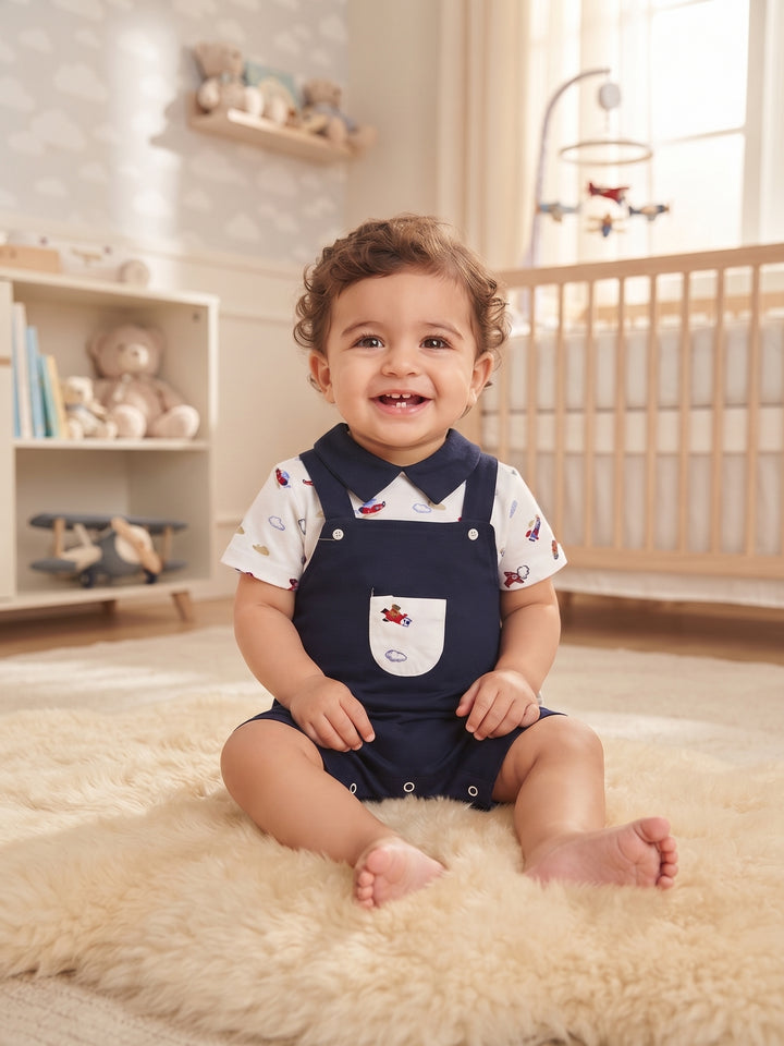 Baby Boy Airplane Collared Shirt & Overall Shorts 2-Piece Set