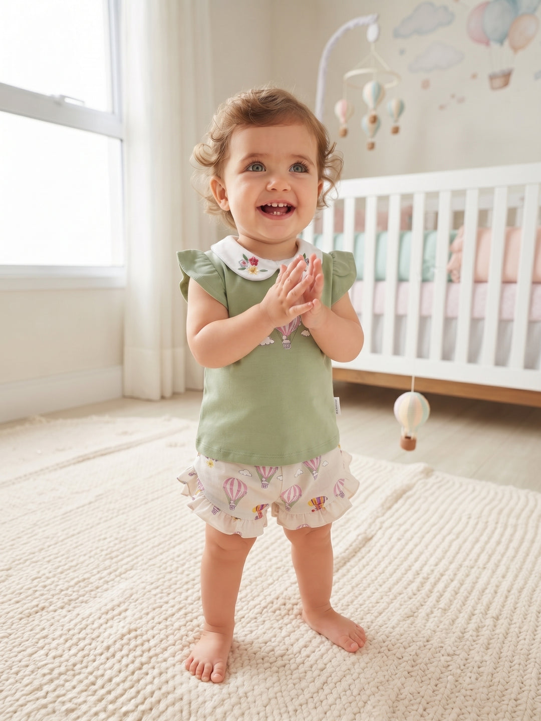 Hot Air Balloon Print Short Set with Floral Embroidered Peter Pan Collar
