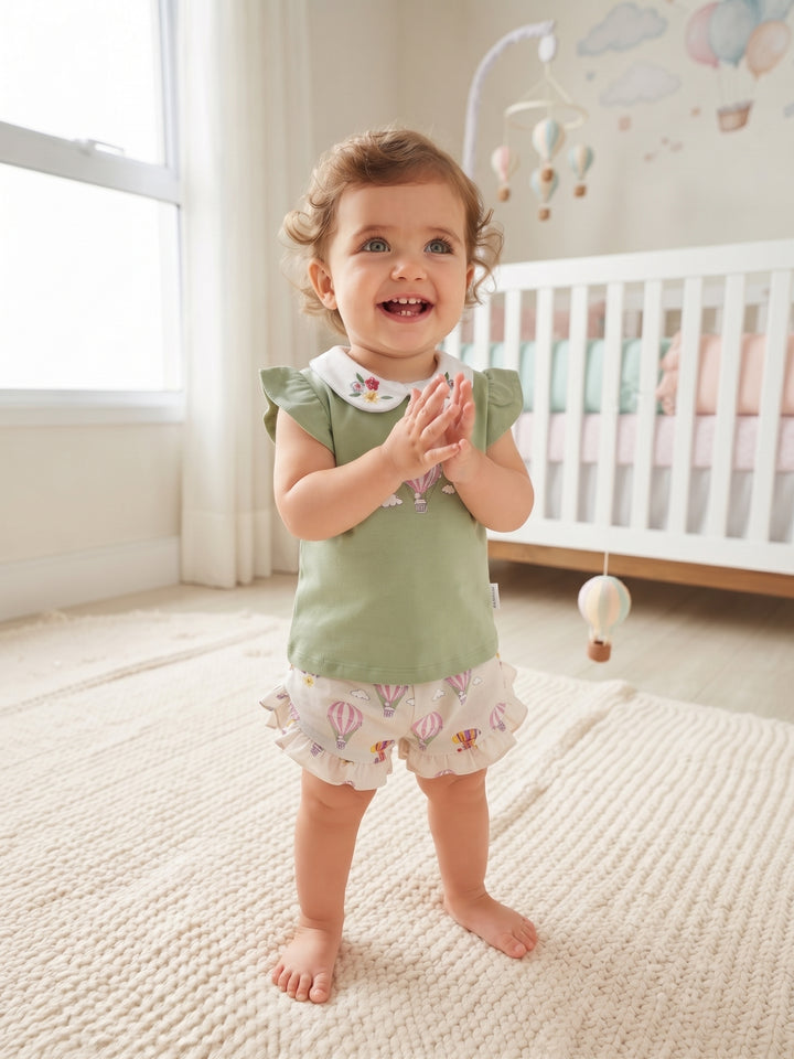 Hot Air Balloon Print Short Set with Floral Embroidered Peter Pan Collar