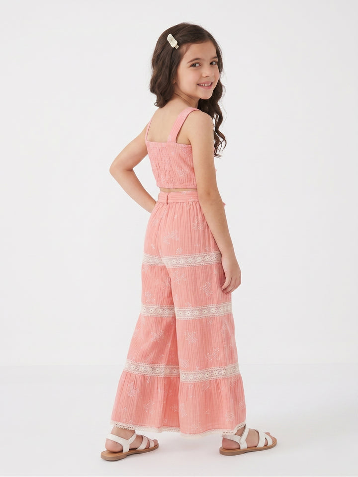 Girls' Elegant Lace-Detail Summer Crop Top and Pants Set