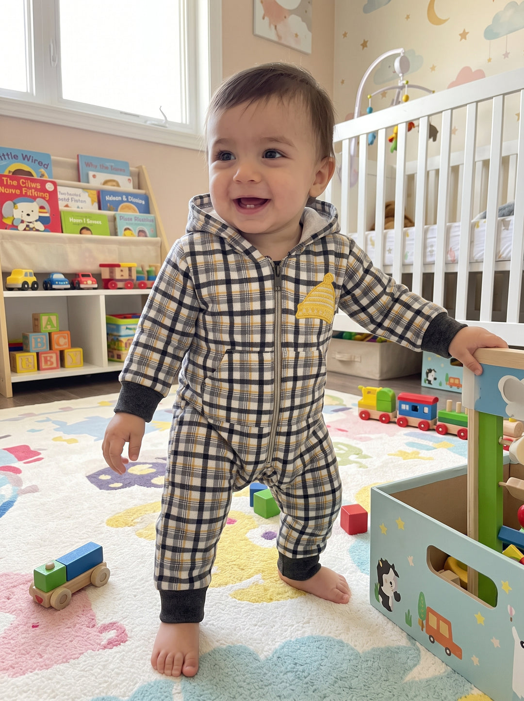 Plaid Beanie-Badge Hooded Baby Romper