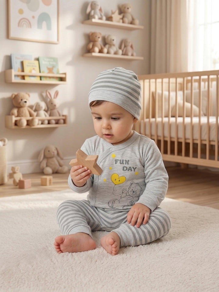 "Fun Day" Grey Bear Set & Striped Beanie