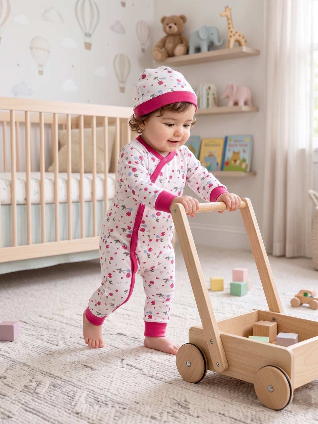 Sweet Cherry Print Baby Jumpsuit & Beanie Set