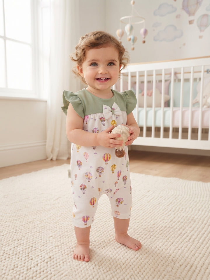 Baby Girl Flutter Sleeve Hot Air Balloon Print Romper with Bow Accent