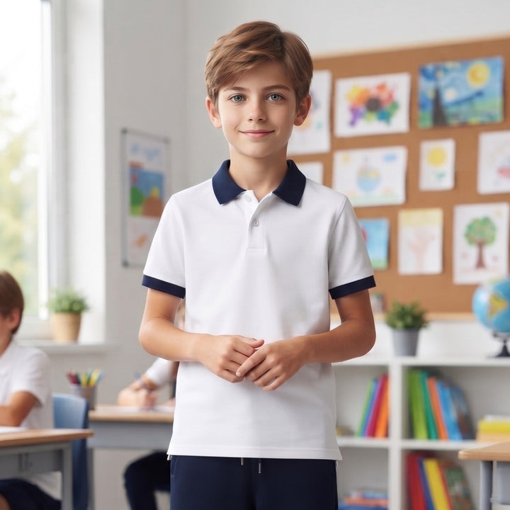100% Cotton Short-Sleeve White Polo Shirt with Navy Collar