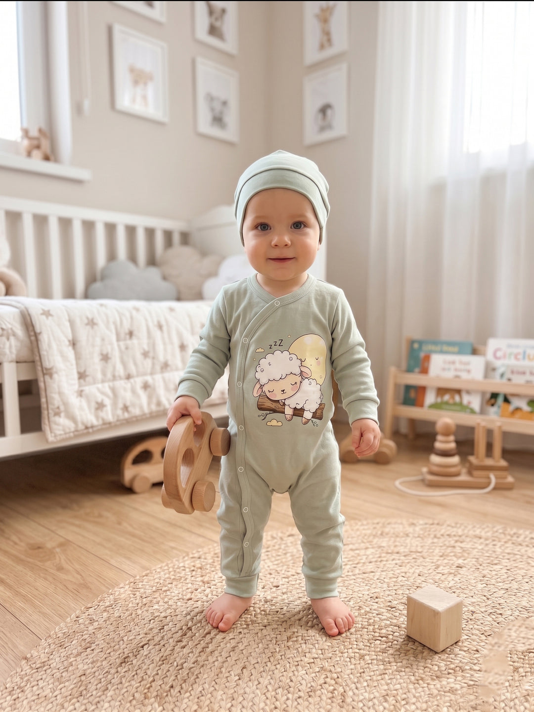 Sweet Dreams Mint Lamb Romper & Beanie Set