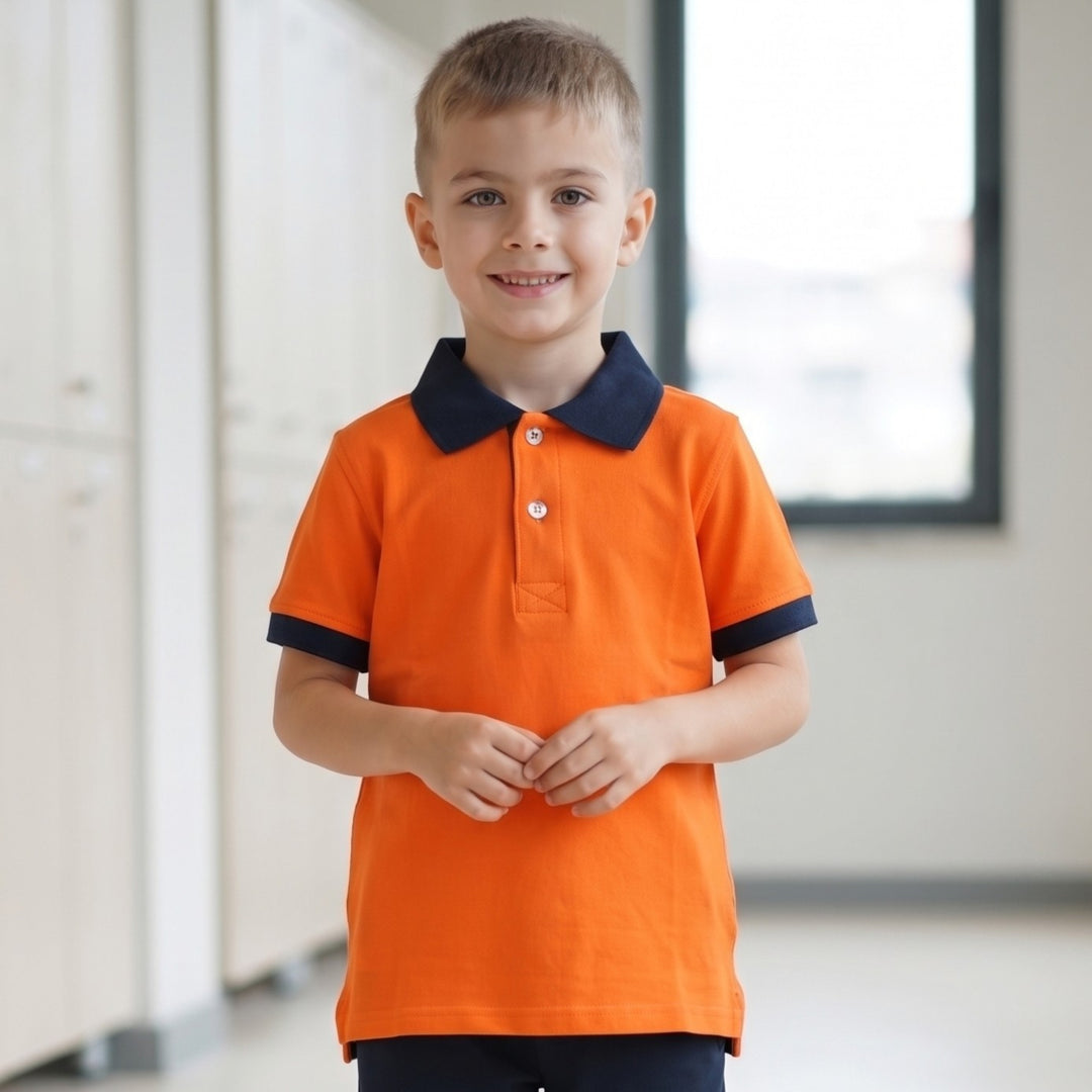 100% Cotton Orange Short-Sleeve Polo Shirt with Navy Blue Collar (