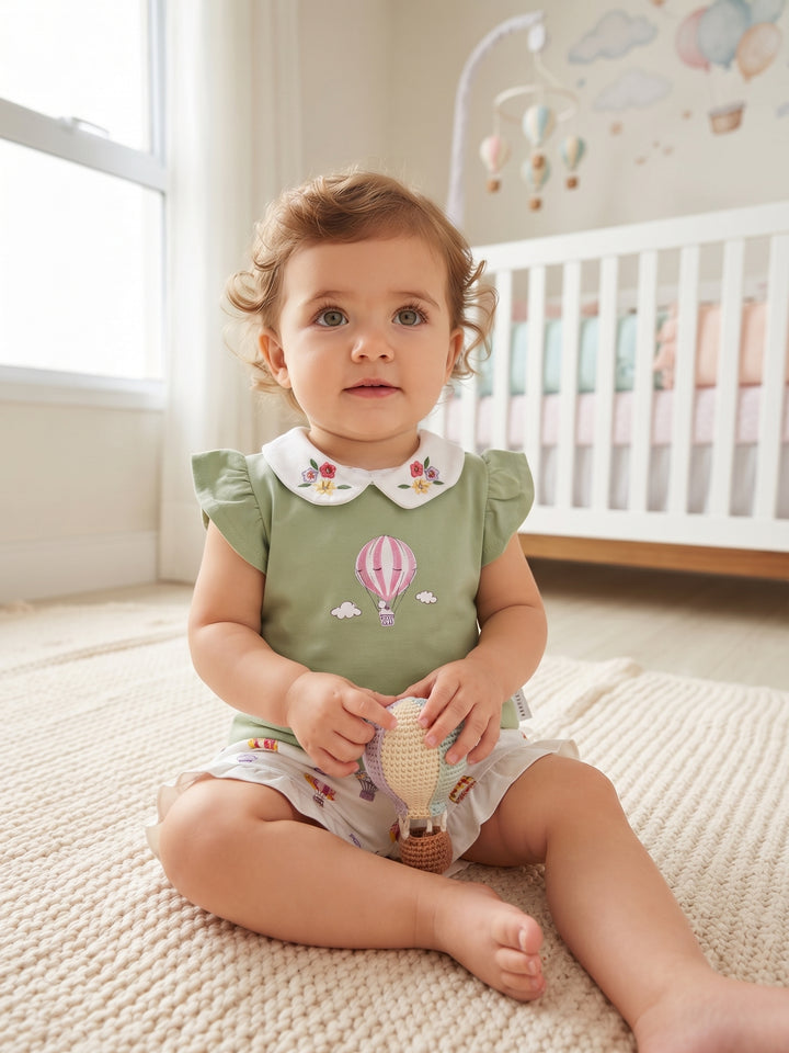 Hot Air Balloon Print Short Set with Floral Embroidered Peter Pan Collar