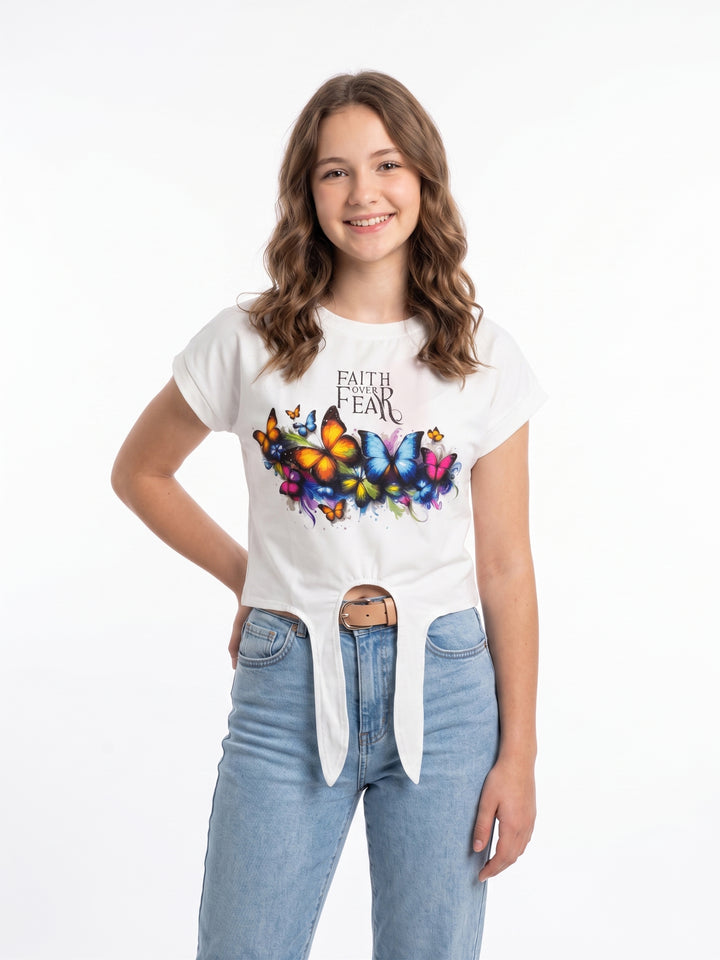 Tie-Front Faith over Fear T-Shirt with Watercolor Print