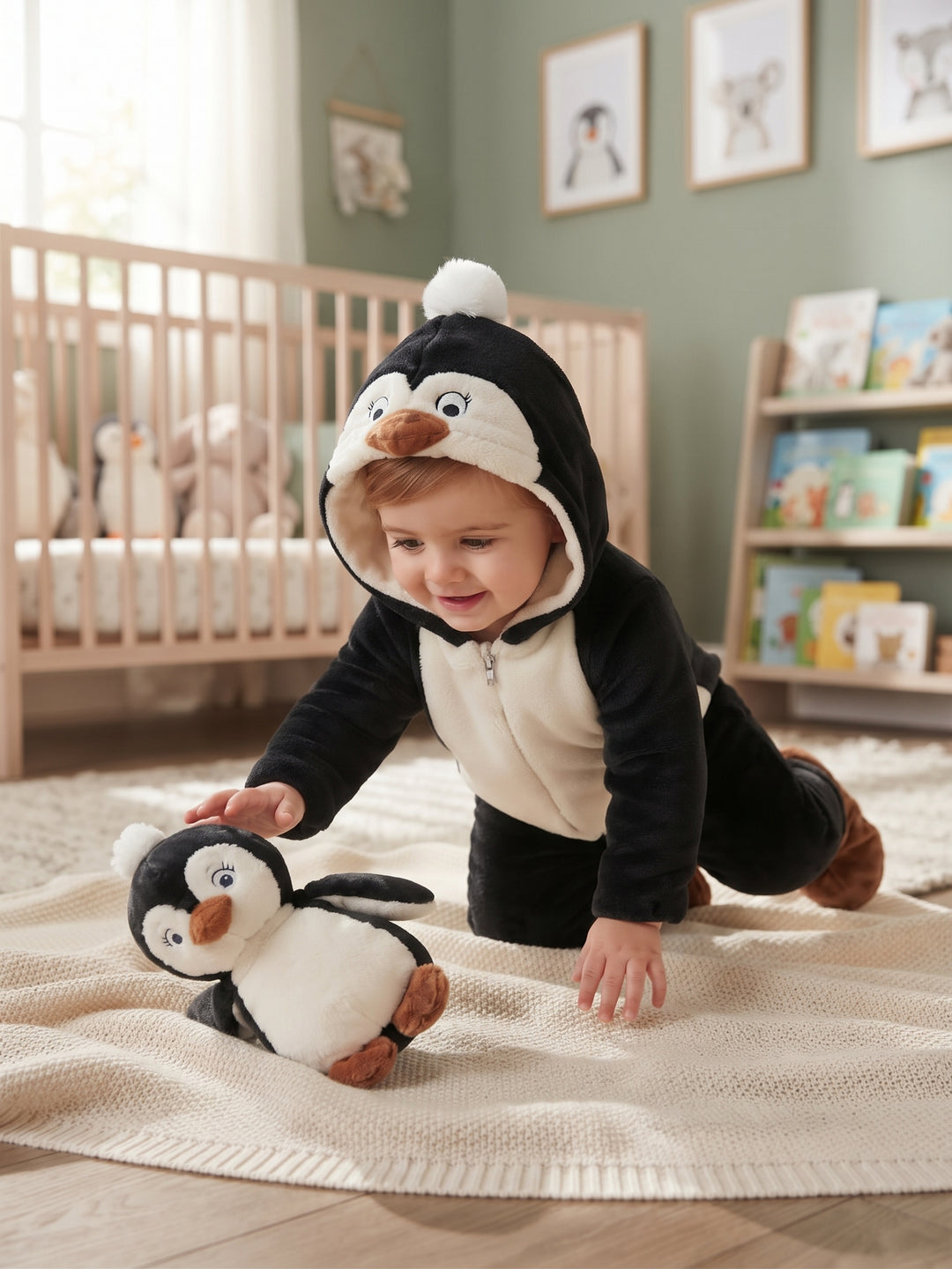 Plush Black Penguin Hooded Baby Onesie