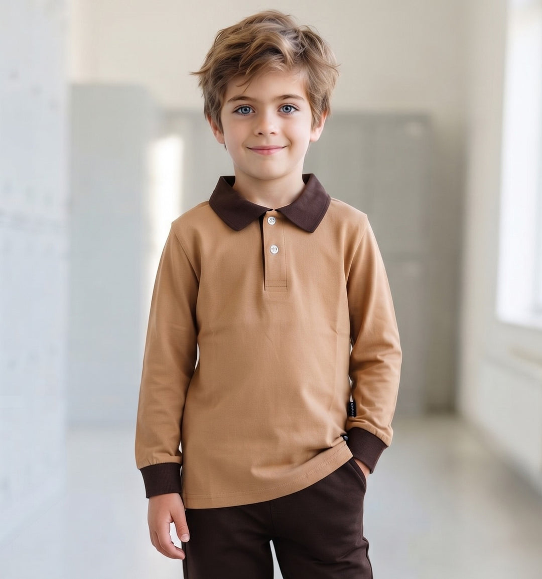 100% Cotton Beige Long-Sleeve Polo Shirt with Dark Brown Collar
