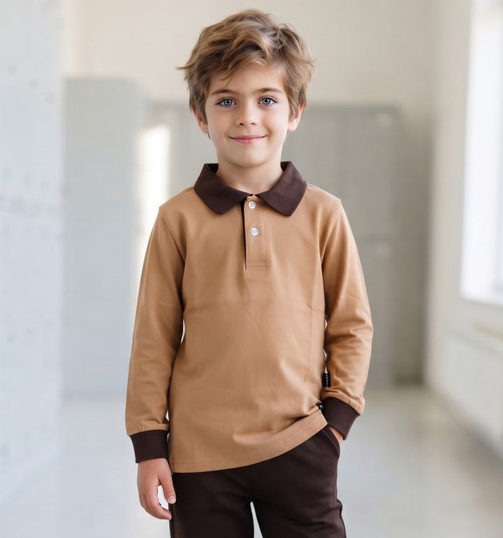 100% Cotton Beige Long-Sleeve Polo Shirt with Dark Brown Collar