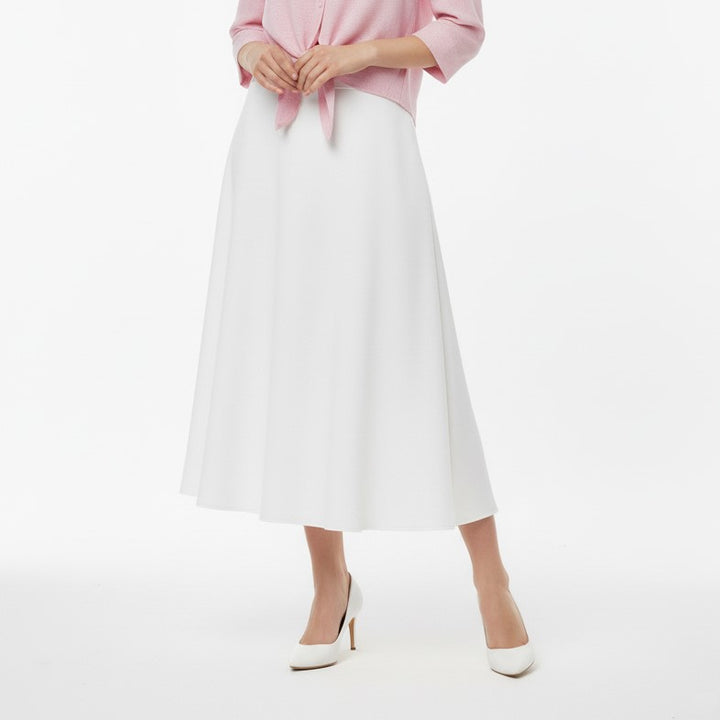 Flowy White A-Line Skirt with a Flared Hem.