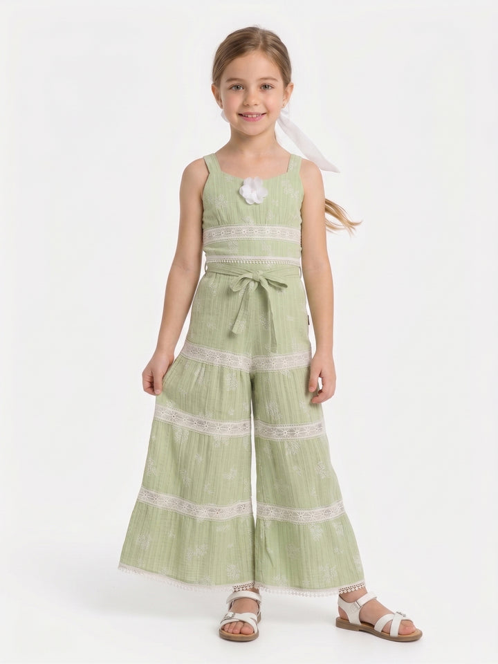 Girls' Elegant Lace-Detail Summer Crop Top and Pants Set