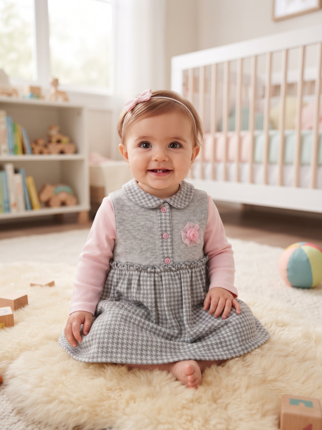 Elegant Grey Houndstooth & Pink Long-Sleeve Baby Dress