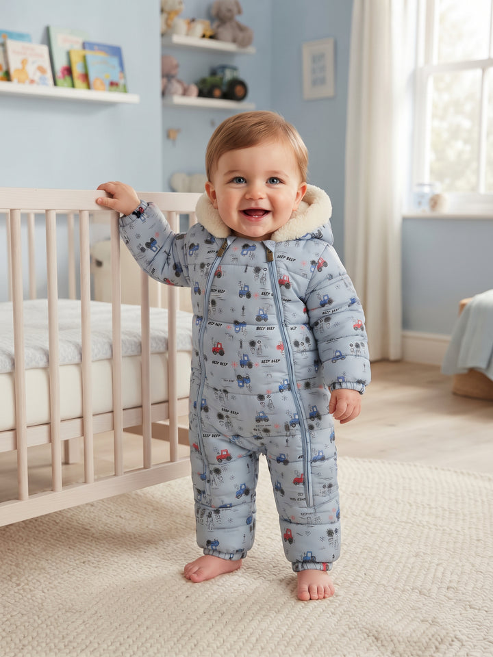 Tractor Print Dual-Zip Baby Snowsuit