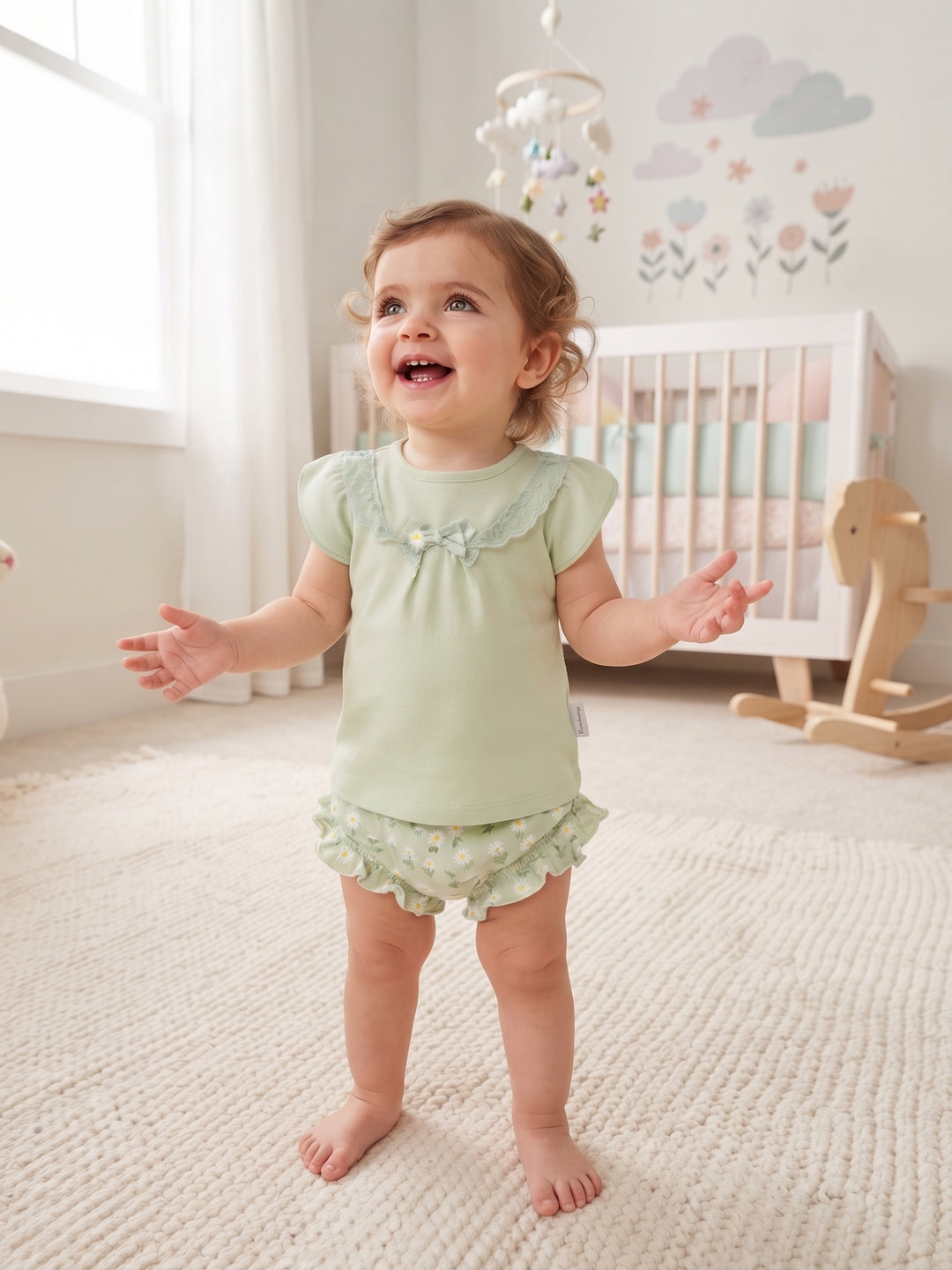 Flutter Sleeve Lace Accent Top with Ruffled Daisy Print Short Set