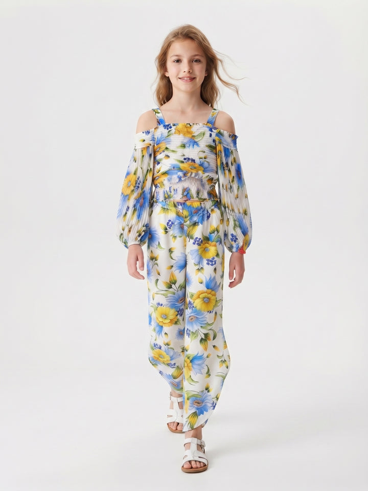 Girls' Floral Print Pleated Off-Shoulder Top & Tulip Pants Set