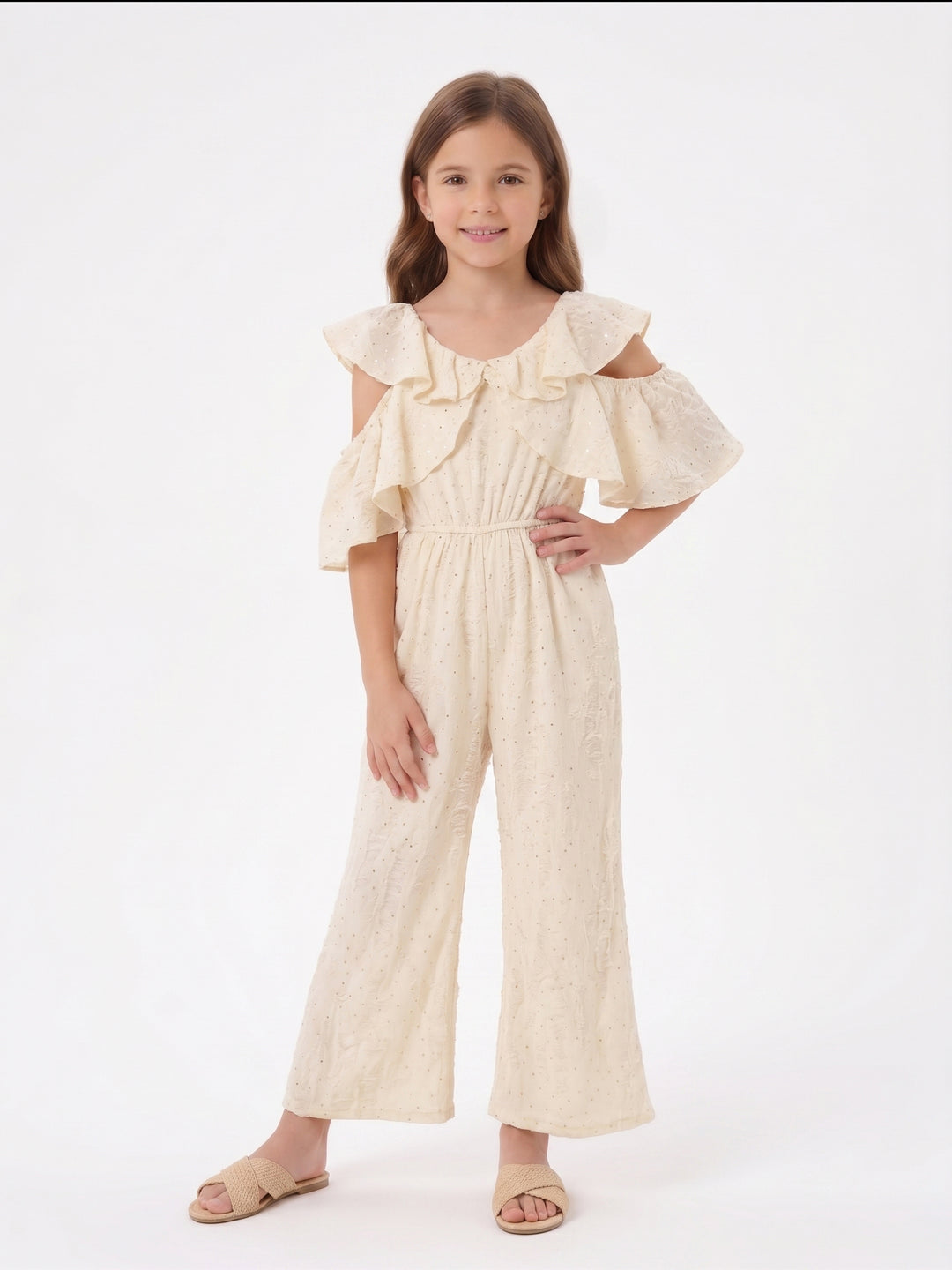 Girls' Cold-Shoulder Ruffle Jumpsuit with Sequins
