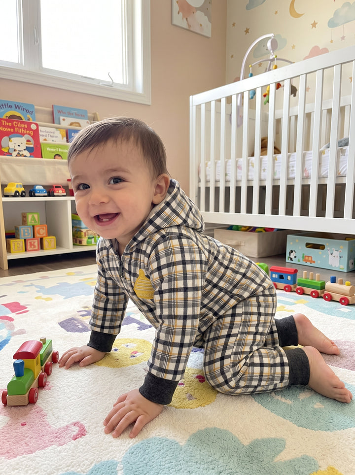 Plaid Beanie-Badge Hooded Baby Romper