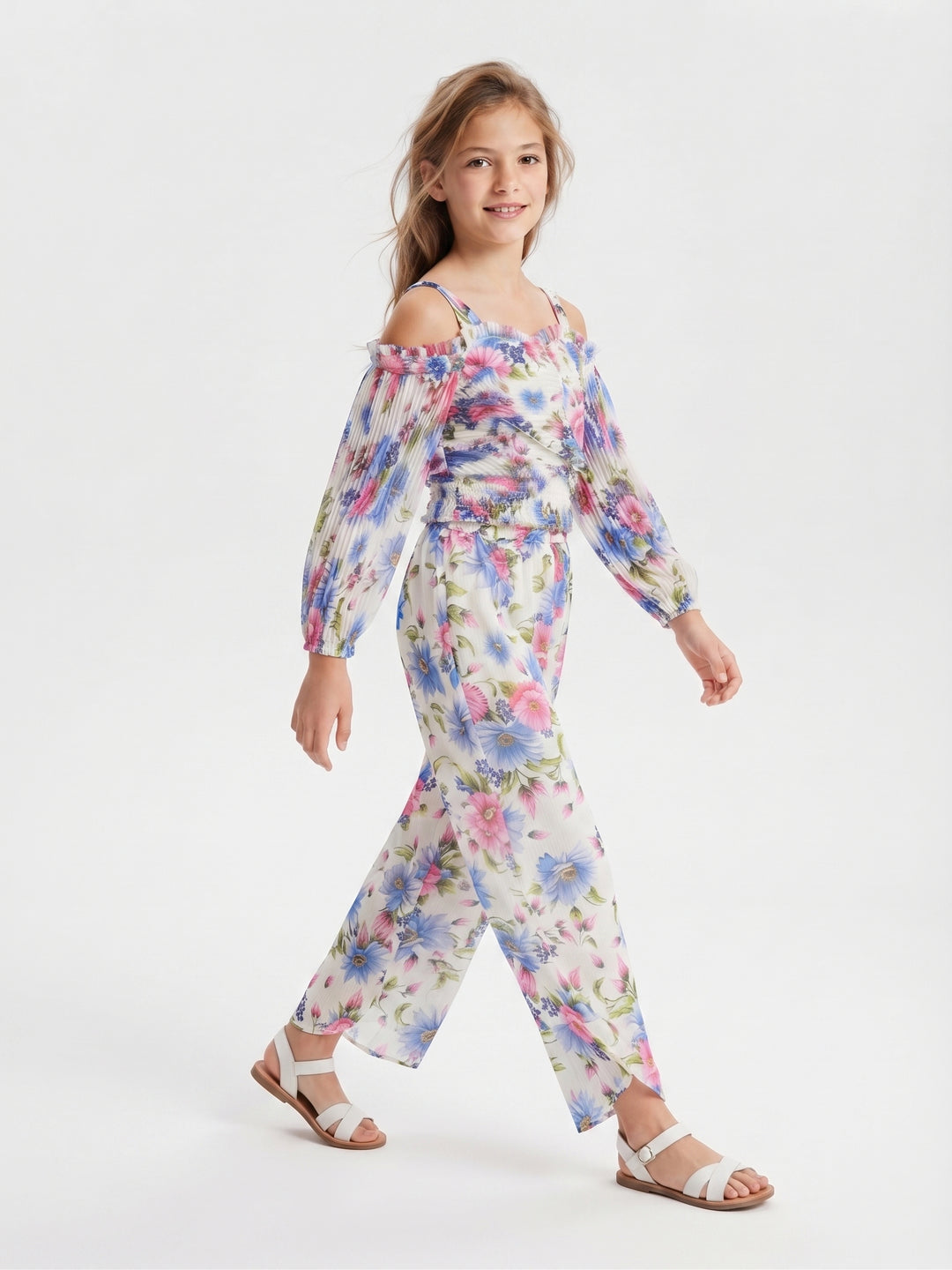 Girls' Floral Print Pleated Off-Shoulder Top & Tulip Pants Set