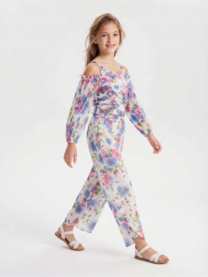 Girls' Floral Print Pleated Off-Shoulder Top & Tulip Pants Set
