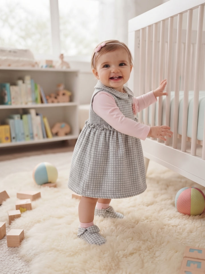 Elegant Grey Houndstooth & Pink Long-Sleeve Baby Dress