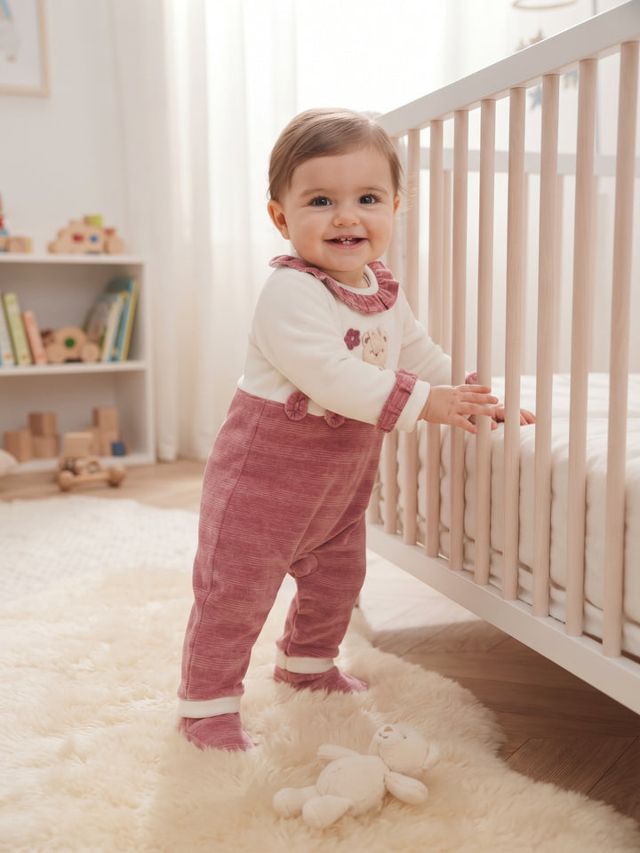Cozy Ruffle Collar Bear Embroidered Baby Footed Sleepsuit