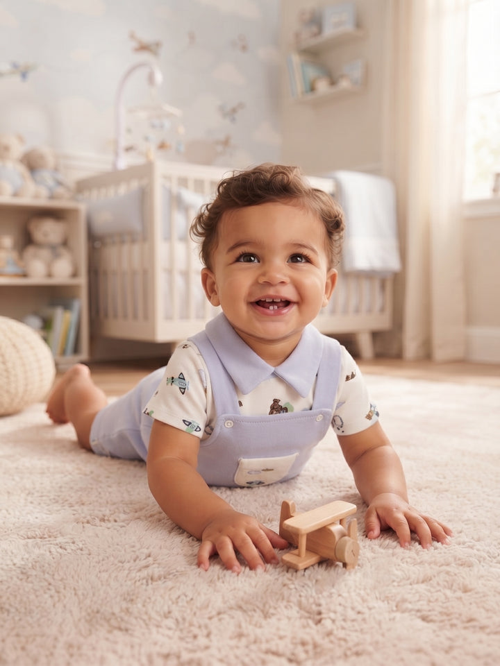 Baby Boy Airplane Collared Shirt & Overall Shorts 2-Piece Set
