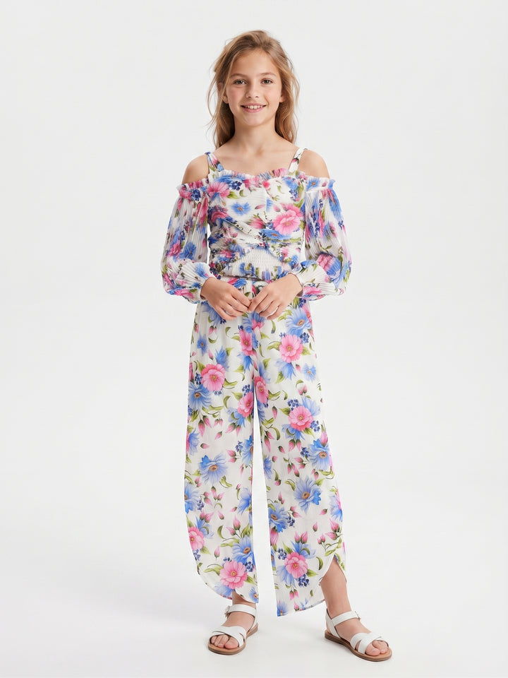 Girls' Floral Print Pleated Off-Shoulder Top & Tulip Pants Set