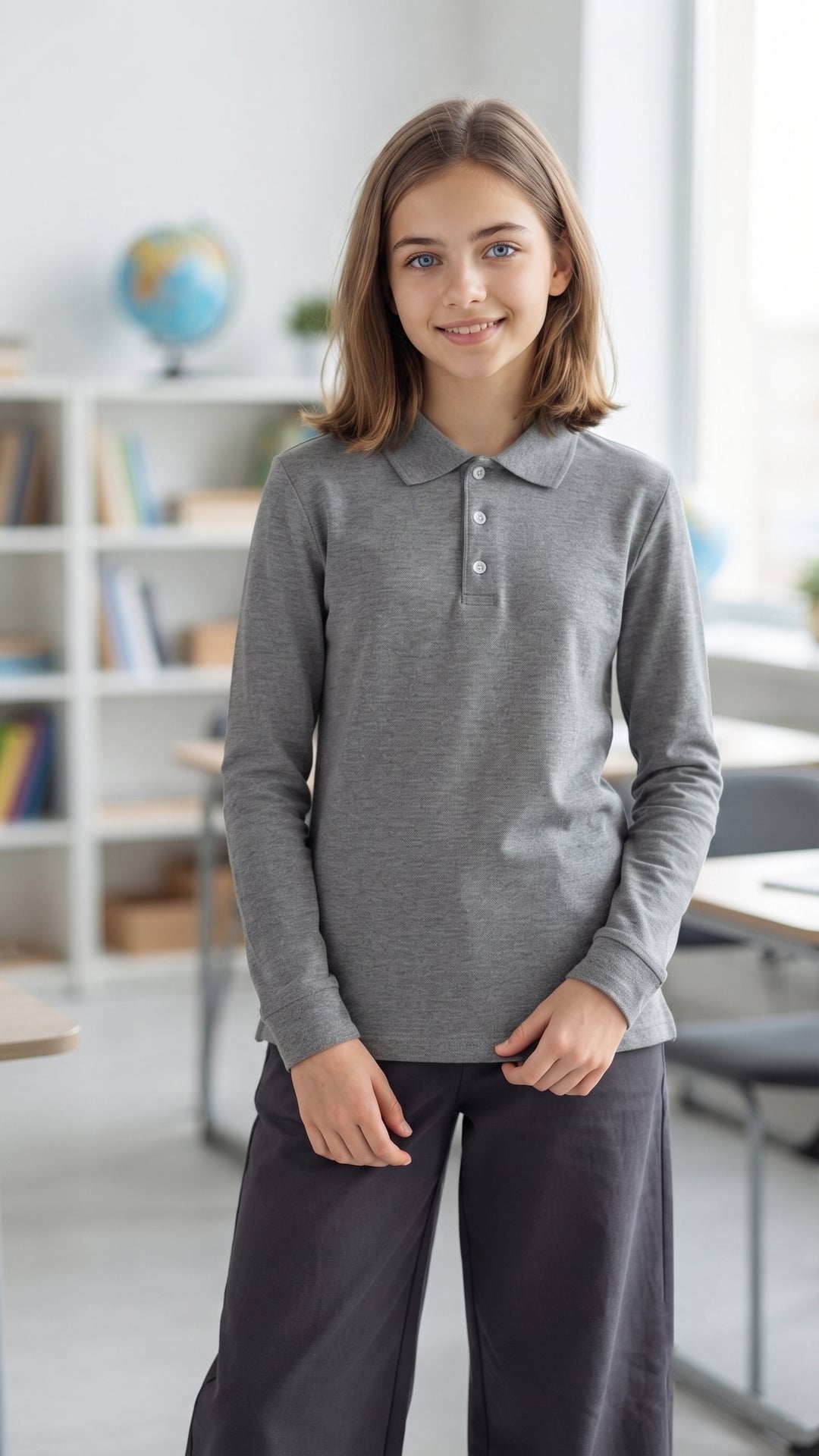 Classic Heather Grey 100% Cotton Long-Sleeve Polo Shirt
