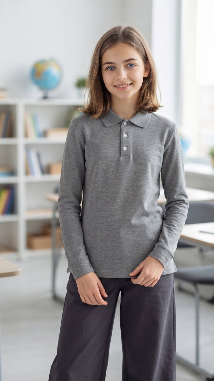 Classic Heather Grey 100% Cotton Long-Sleeve Polo Shirt