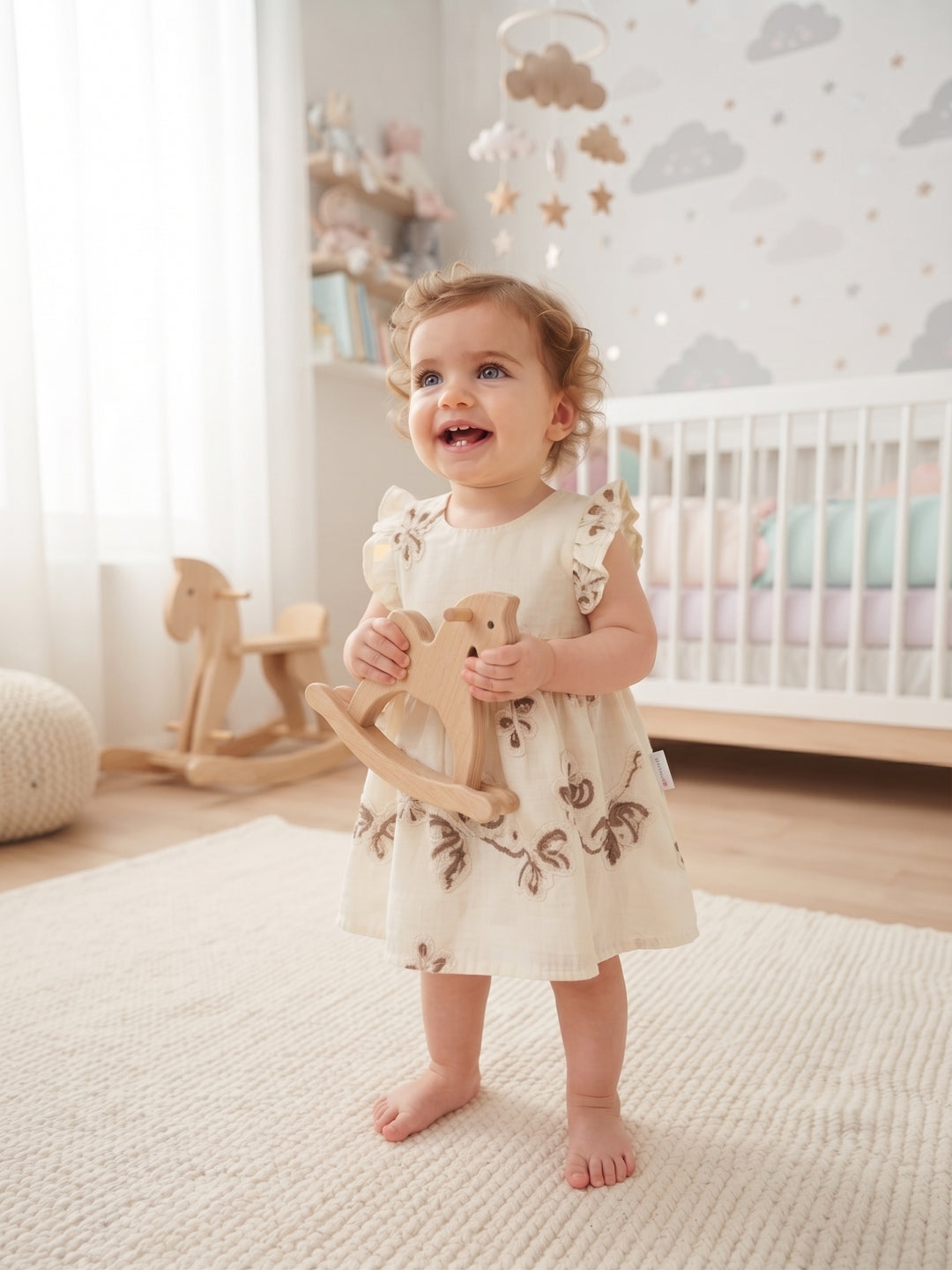 Vintage Floral Embroidered Baby Dress - Cream & Mocha