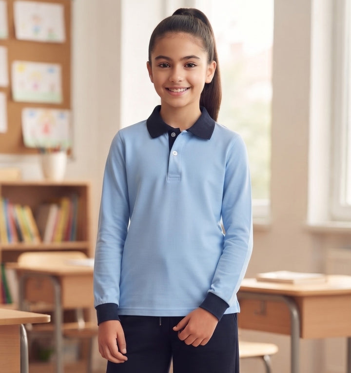 100% Cotton Light Blue Long-Sleeve Polo Shirt with Navy Collar