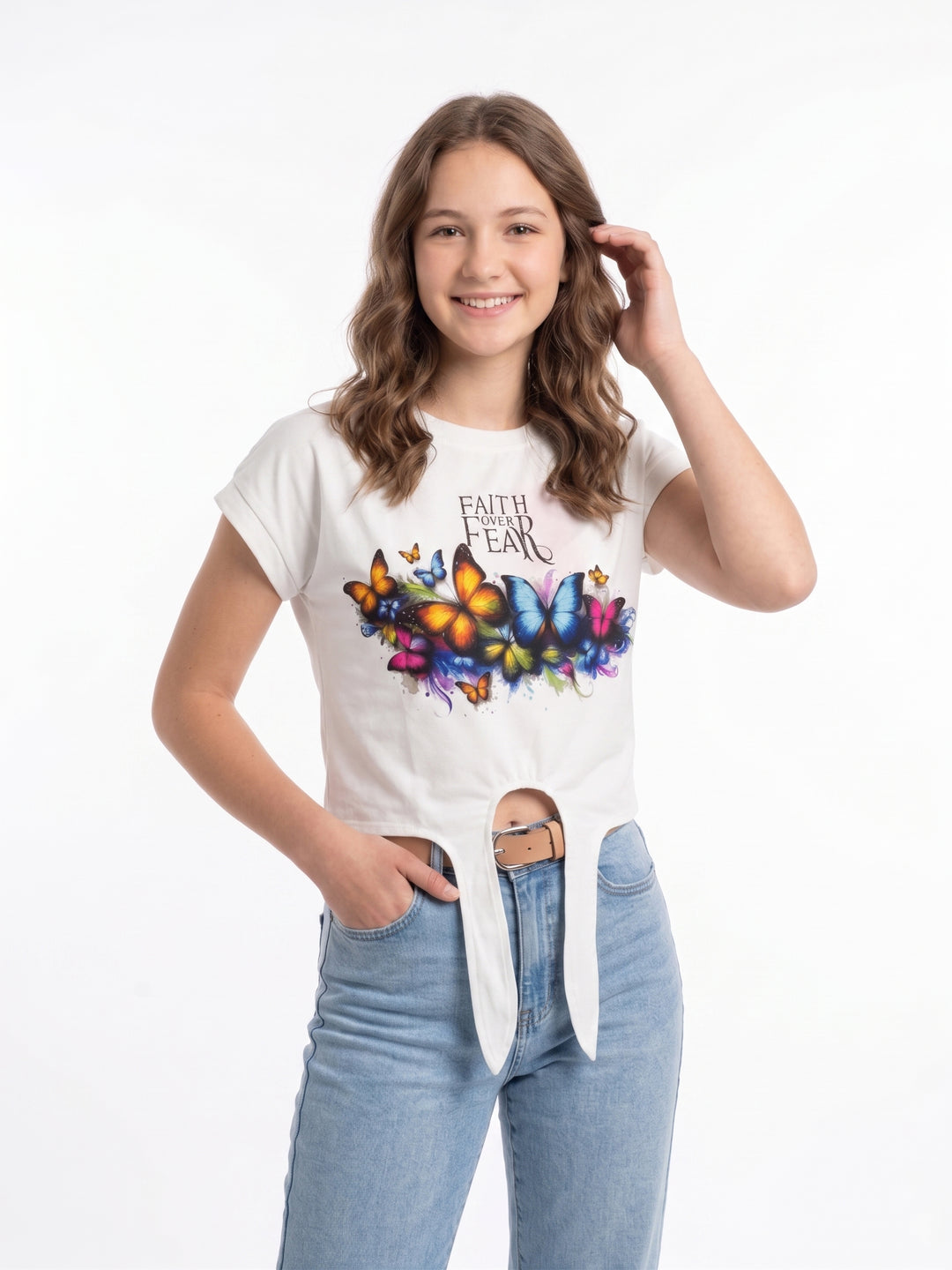 Tie-Front Faith over Fear T-Shirt with Watercolor Print
