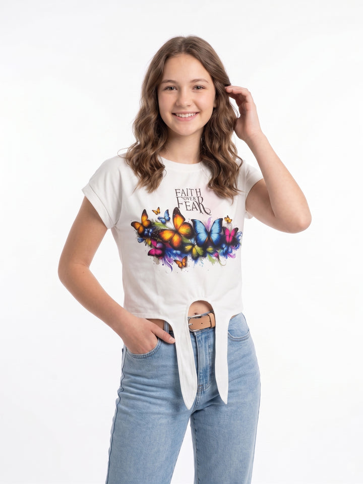 Tie-Front Faith over Fear T-Shirt with Watercolor Print