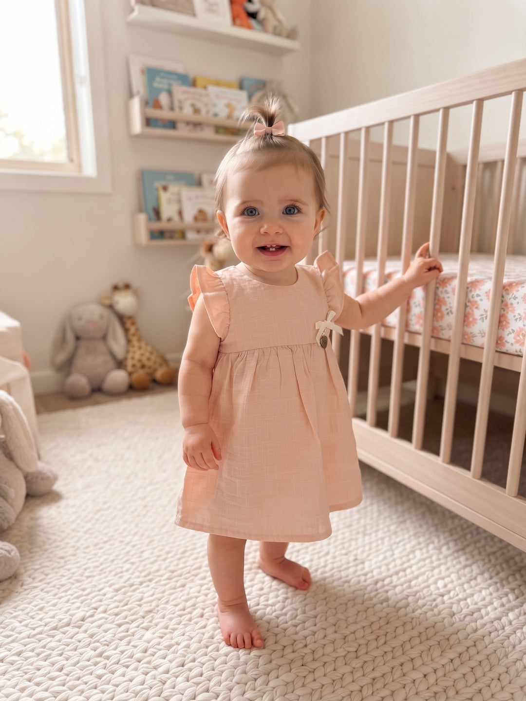 Baby Girl Linen-Blend Flutter Sleeve Dress with Ribbon Bow